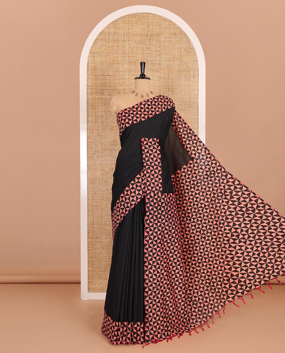 Black plain South cotton saree, triangle grid block printed border, block printed pallu, and a block printed blouse