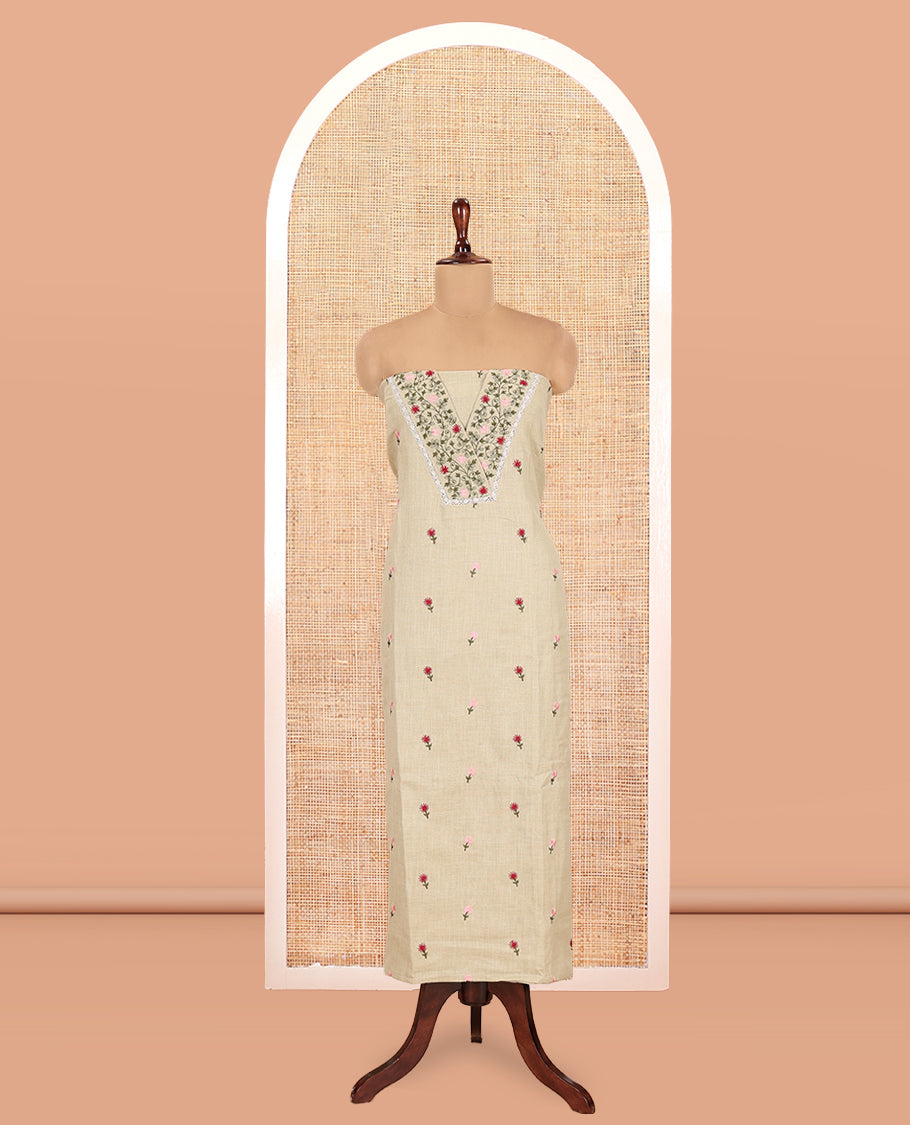 Lite Elachi Green Linen Cotton Material Chudidar,embroidered V-Neck Top,cotton Bottom, Floral Dupatta