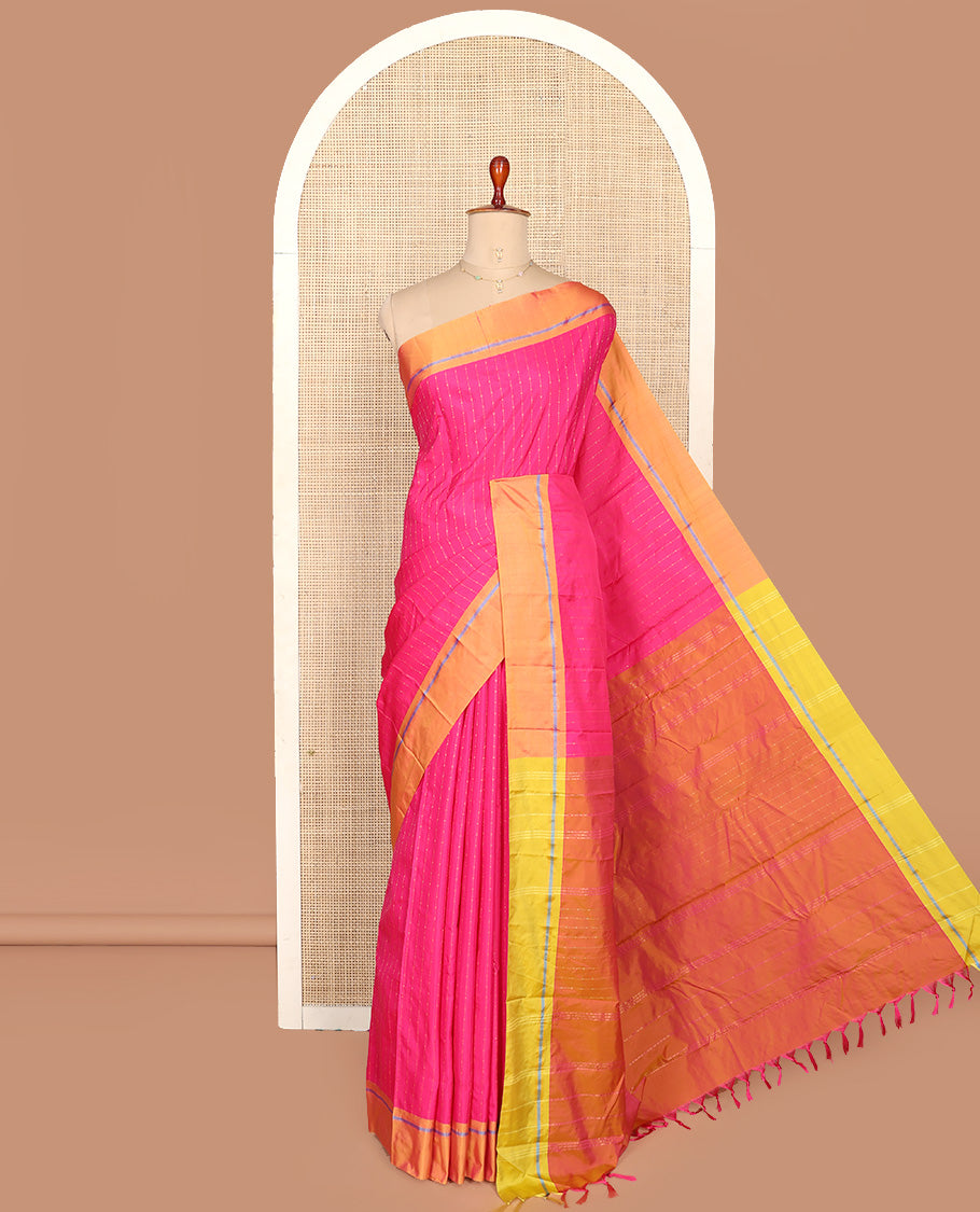 Pink Aarani Silk Saree, Dazzled with Zig-Zag Stripes All Over Its Body, Complemented by a Contrast Border, Pallu of Stripes, and Paired with a Contrast Blouse