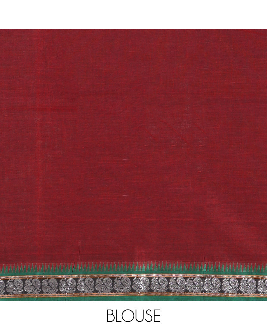 Maroon Plain Mercerized Cotton Saree, a Contrast Peacock Temple Thread Border, Striped Pallu, and a Matching Blouse