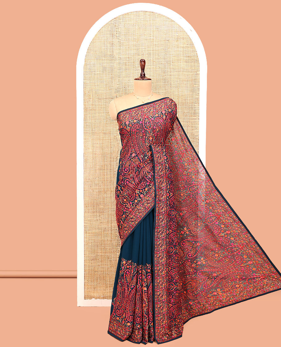 Blue Designer Saree, Delicately Woven with Paisley Mixed Embroidery, a Scallop Mixed Embroidered Border, and a Matching Blouse