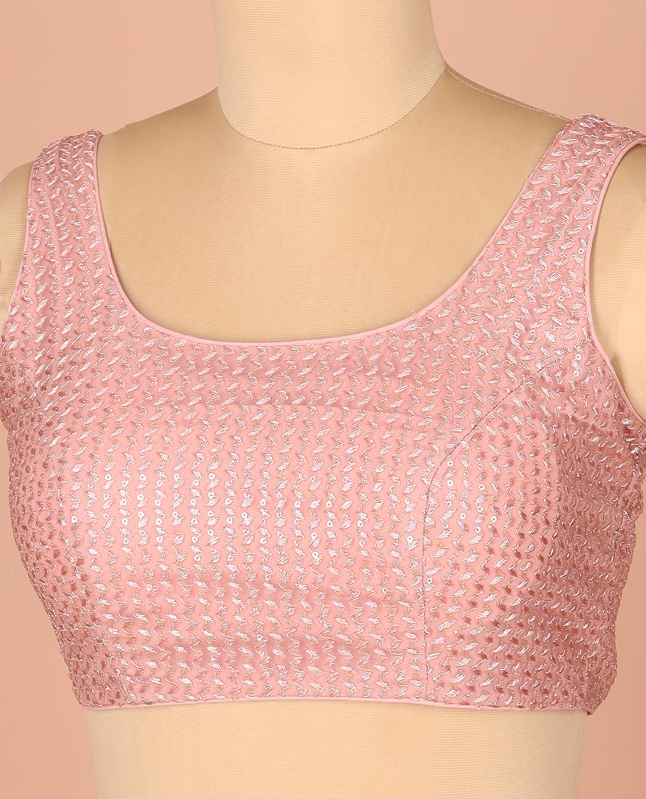 Pale Pink Readymade Blouse Gleamed Up with Thread and Sequins Embroidery, Featuring Front Round Neck, Back Round Neck with Rope, and Sleeveless