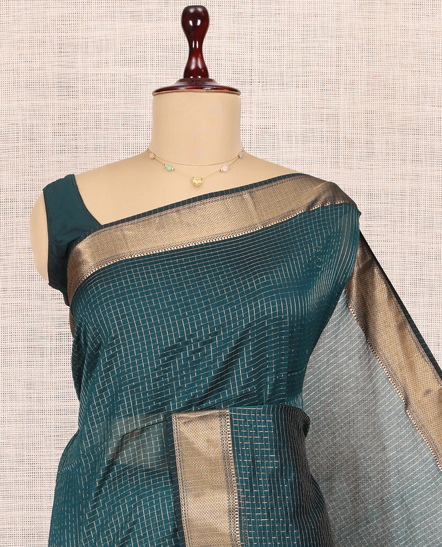 Blue Maheshwari Cotton Saree, Accentuated with Zari Checks, Highlighted by a Traditional Zari Border, Gleaming Zari Woven Pallu, and a Matching Blouse