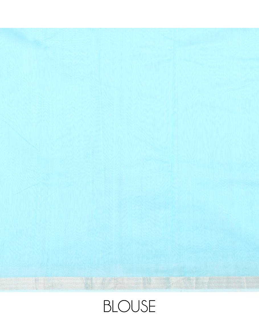 Light blue floral motifs chanderi cotton saree with contrast border & striped, floral design pallu