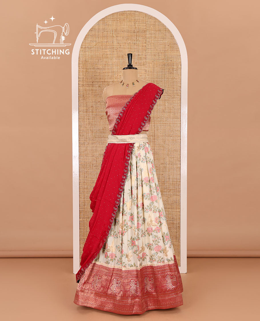 Cream and magenta half-saree, floral and bird printed nylon viscose crepe top, contrast traditional zari and stone work border, jacquard banaras blouse, and scallop stone work dhavani