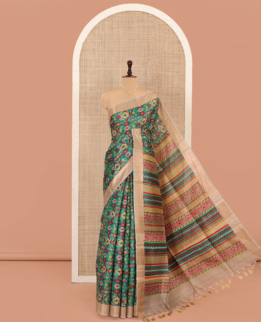 Green Tussar Silk Saree Delicately Printed with Ikkat Geometric Patterns, Complemented by a Contrast Border, Pallu of Colorful Geometric Print, Paired with a Contrast Blouse