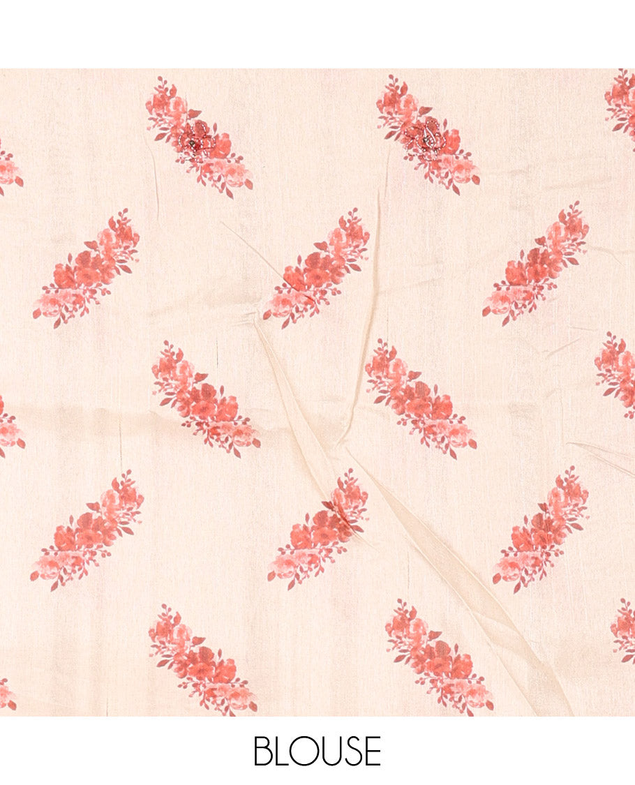 Cream-Maroon Semi-Tussar Saree Features Floral Print and Sequined Work, a Scallop Border, a Self-Pallu, and a Matching Blouse