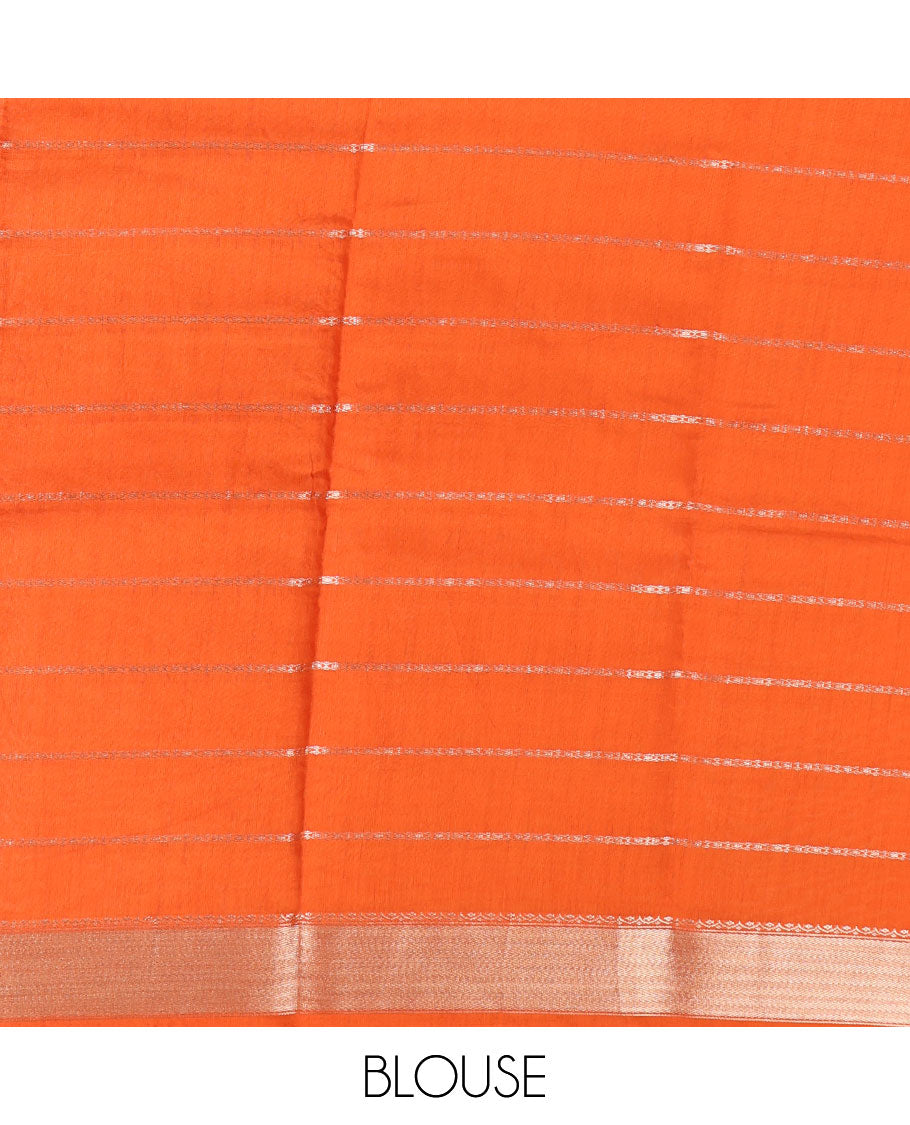 Orange Assam Silk Saree, Enriched with Zari Stripes, Highlighted by a Traditional Zari Border, Gleaming Zari Pallu, and a Matching Blouse