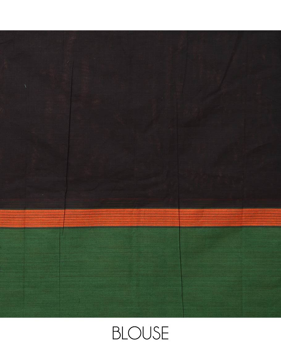 Black plain design organic handloom cotton saree, contrast ganga-jamuna big border of thread stripes & lining seer striped pallu