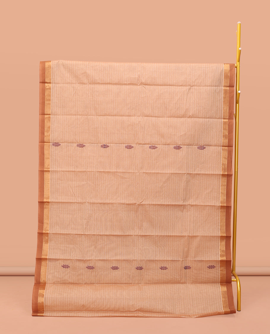 Sandal Kanchi Cotton Saree Showcasing Buttas and Stripes on Its Body, Contrast Border, Ogee-Patterned Pallu, and a Matching Blouse