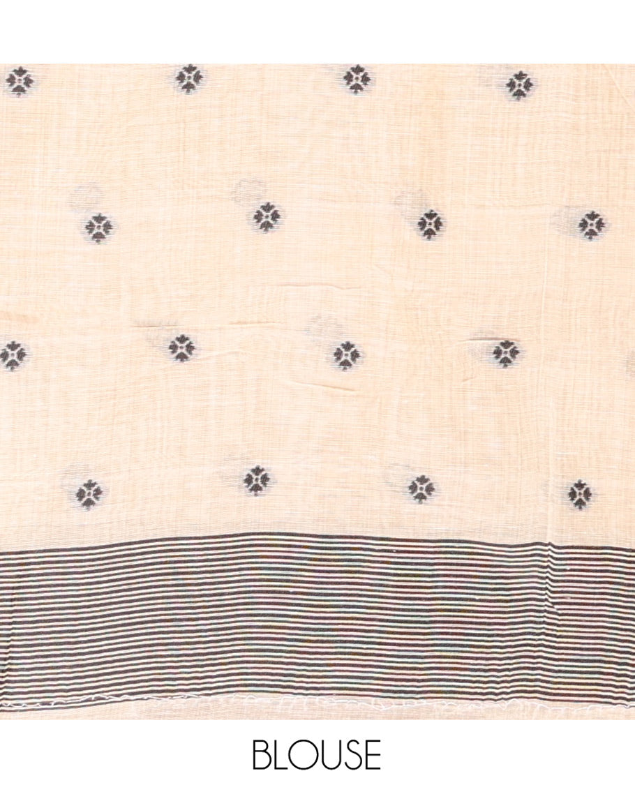 Grey Munga Cotton Saree, Beautified with Floral Buttas, a Contrast Floral-Bird Printed Border, and a Matching Blouse