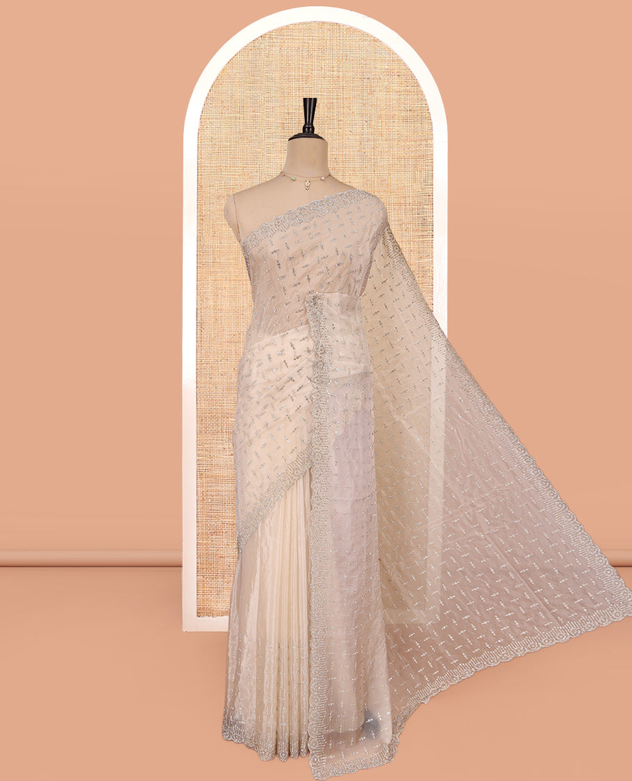 Light Sandal Designer Saree, Beautifully Bedecked with Stonework, a Scallop Stonework Border, and Matching Blouse