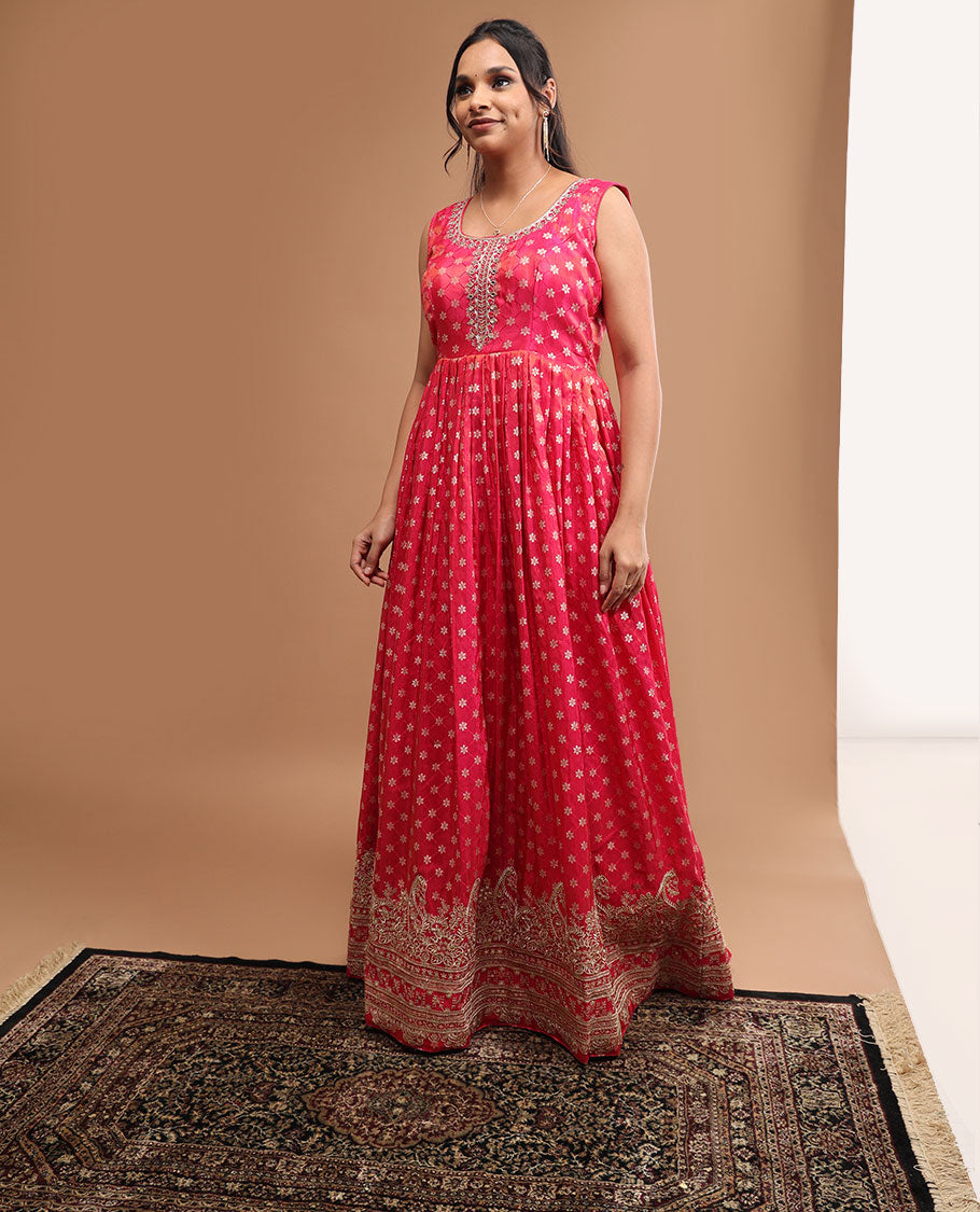 Red floral embroidered round neck, 3/4 th sleeve, floor length top & floral zari design dupatta