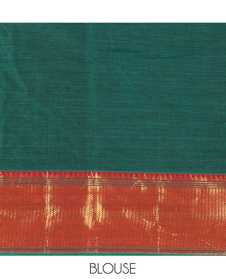 Green Plain Mercerised Cotton Saree, a Contrast Traditional Zari Border, Striped Pallu and a Matching Blouse