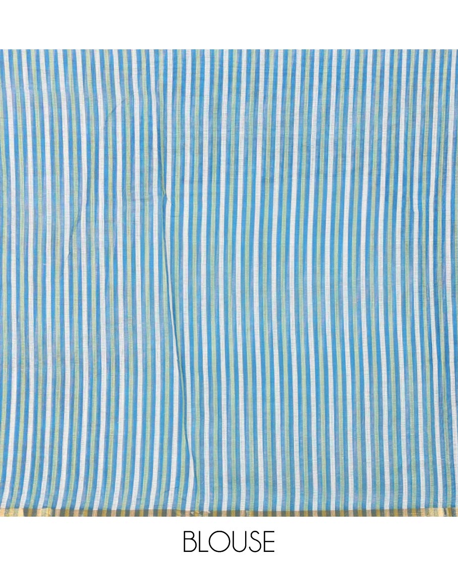 Green Linen Cotton Saree Decorated with Batik-Style Buttas Printed All Over Its Body, Complemented by a Contrast Temple Zari Piping Border, Striped Pallu, and Paired with a Matching Striped Blouse