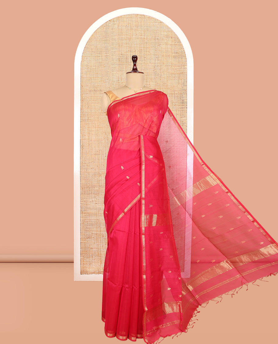 Red Maheshwari Cotton Saree, Detailed with Zari Buttas, a Zari Border, Zari Buttas Pallu, and a Matching Blouse