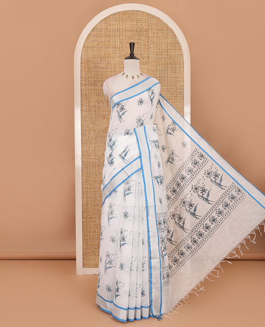 White-blue floral motifs printed Linen cotton saree, contrast Sliver zari bavanji border, floral print pallu & plain blouse