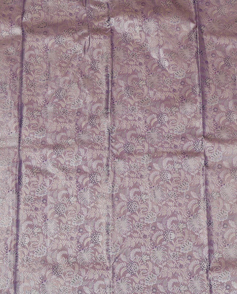Grey Jacquard Art Silk Pavadai Material Features a Contrast Traditional Border, a Contrast Blouse
