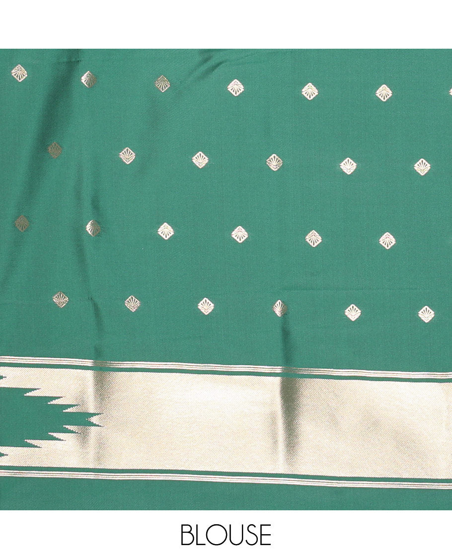 Green Elite Soft Silk Saree Gleamed Up with Vaira Oosi Stripes, Featuring a Temple Zari Border, Zari Elevated Pallu, and a Matching Zari Design Blouse