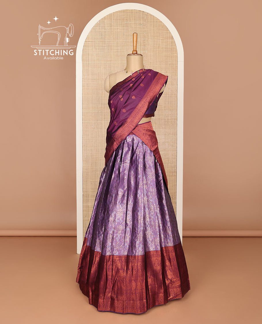 Purple floral design half saree with contrast zari design border, zari design blouse & floral zari design dhavani