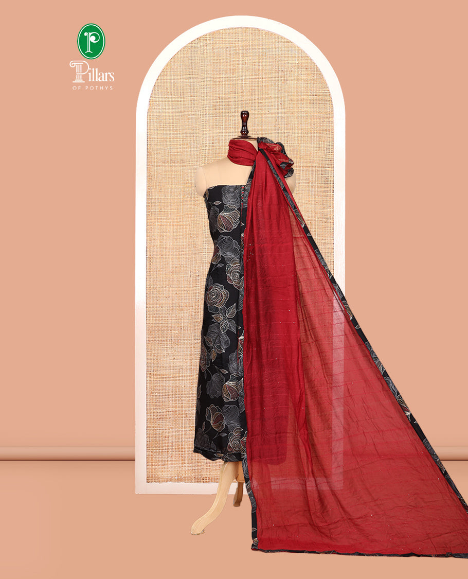 Black Vertican Silk Material Churidar Features Floral Printed Neck Work Top, a Contrast Bottom, a Sequins Striped Dupatta
