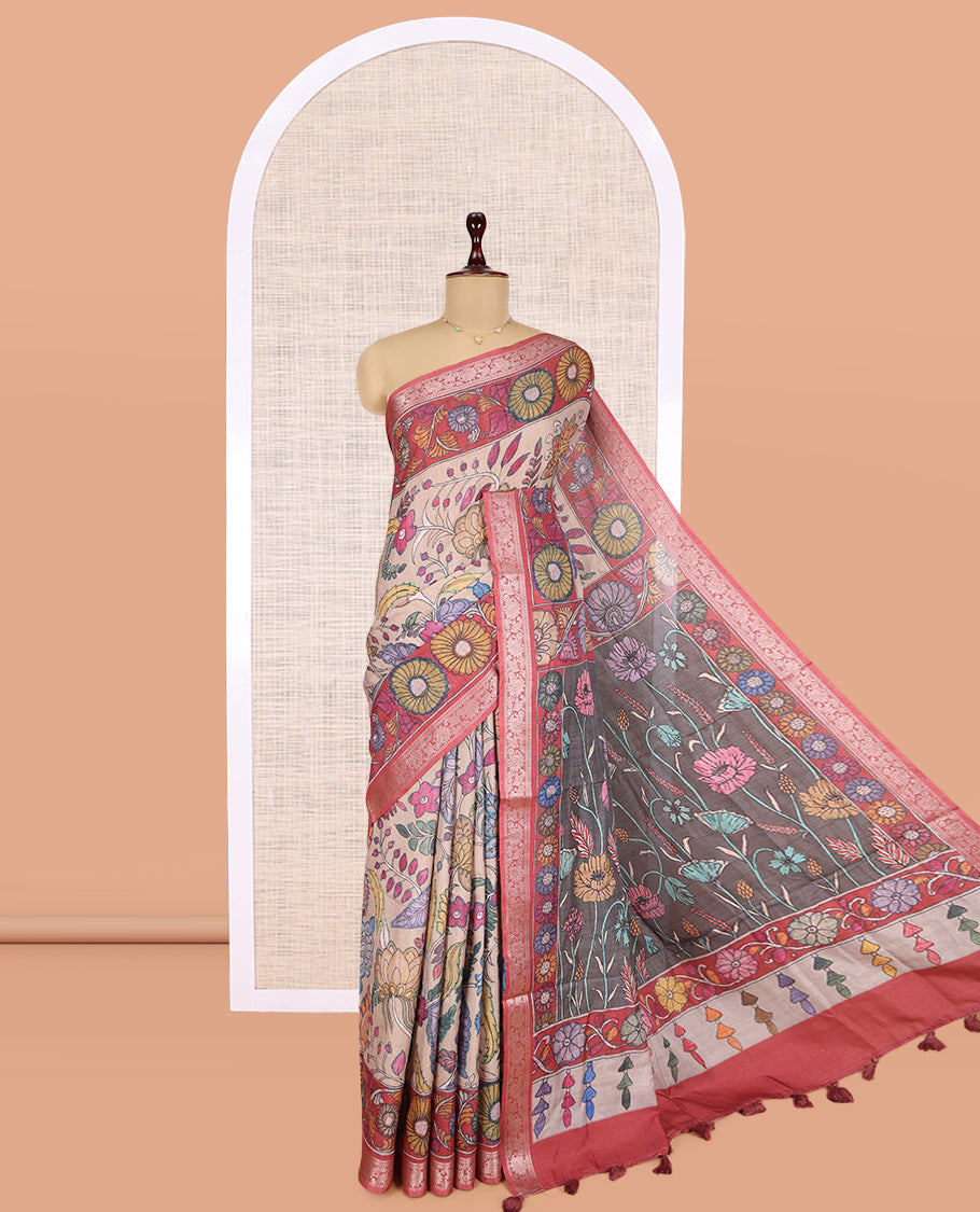 Pale Brown Kalamkari Printed Fancy Tussar Saree