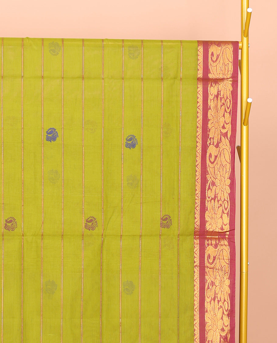 Green Venkatagiri Cotton Saree, Detailed with Peacock Buttas and Stripes, a Contrast Peacock Zari Border, Pallu of Buttas and Stripes, and No Blouse