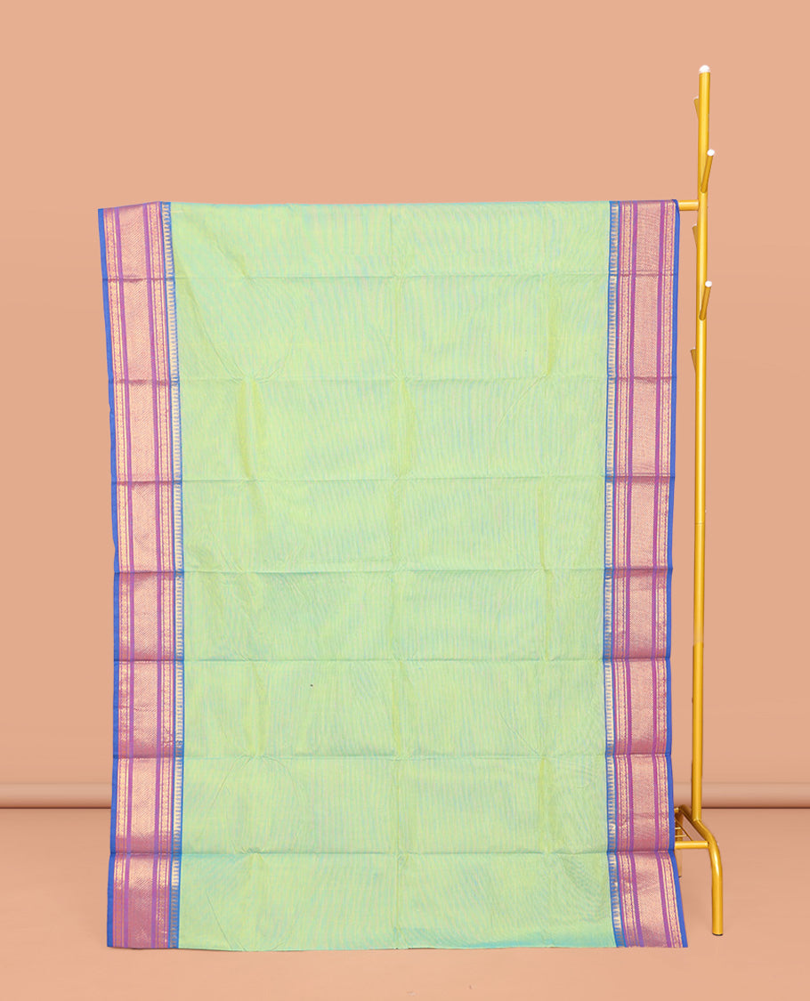 Green Plain Chettinad Cotton Saree, Complemented by a Contrast Traditional Zari Design Border, Striped Pallu, and Paired with a Matching Blouse