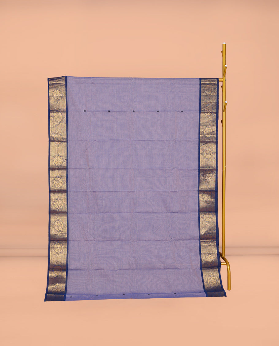 Lavender Chettinad Cotton Saree, Subtly Sparkled with Buttas All Over Its Body, Complemented by a Contrast Chakram Zari Design Border, Pallu of Stripes and Buttas, and Paired with a Matching Blouse