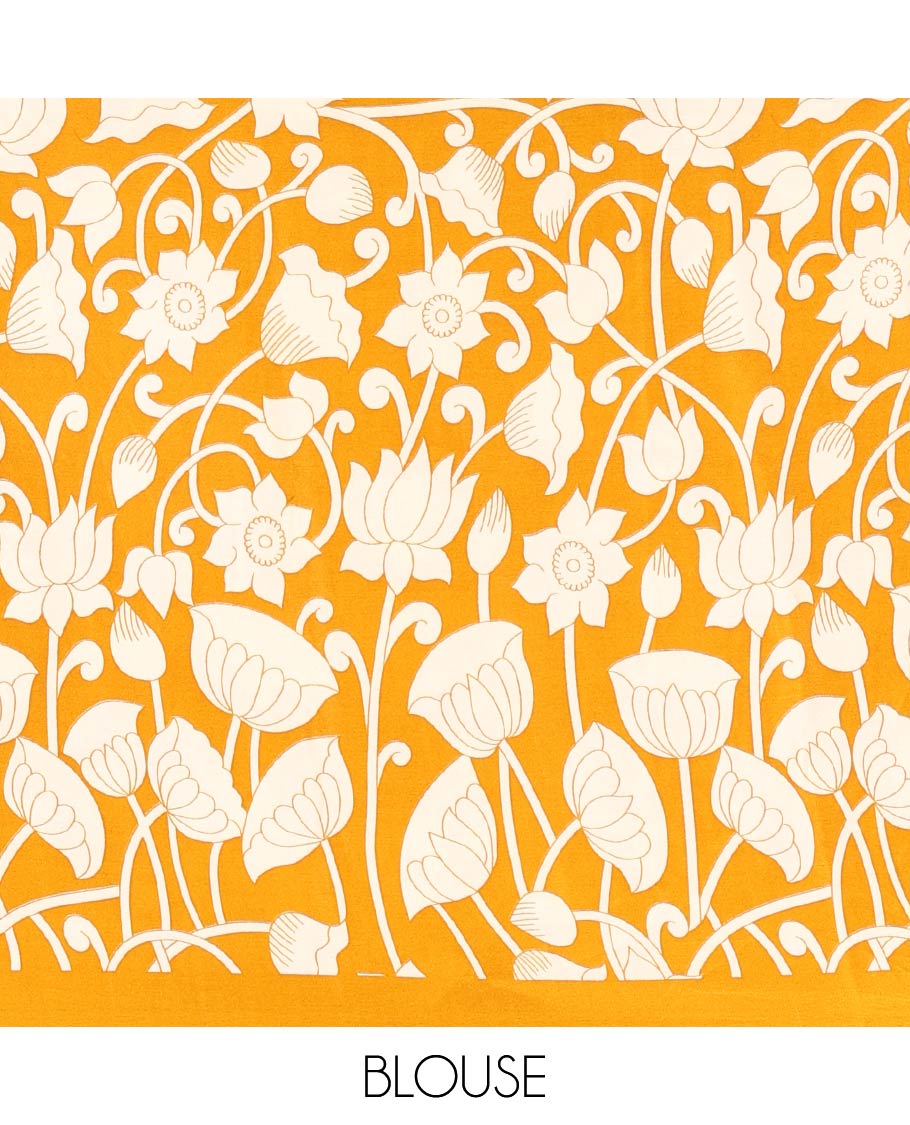 Chikku-mustard half-and-half plain and kalamkari floral printed satin crepe saree, plain border, pallu of floral vine and peacock printed, and kalamkari floral printed blouse