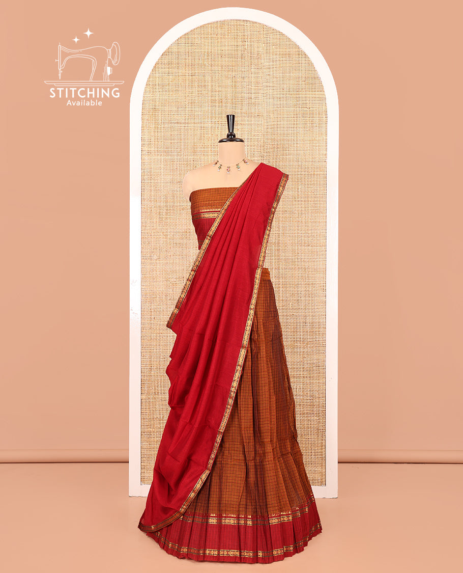 Rust-Red Mercerised Cotton Saree Features a Checked Skirt, Contrast Temple-Rudraksham Rettai Pettu Border, a Matching Blouse, and Contrast Vichitra Silk Dhavani