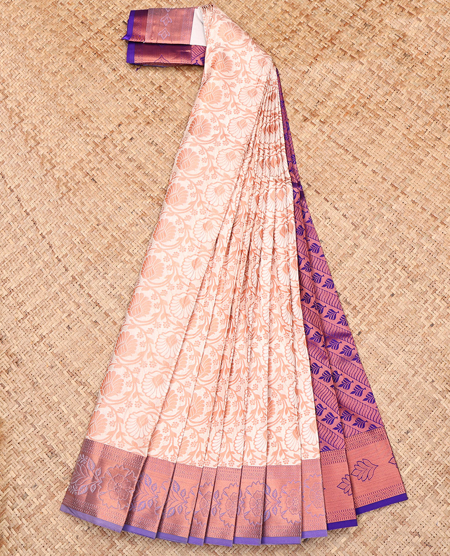 White Budget Silk Saree, Enriched with Jacquard Design, Complemented by a Contrast Intricate Zari Border, Grand Pallu, and a Contrast Blouse