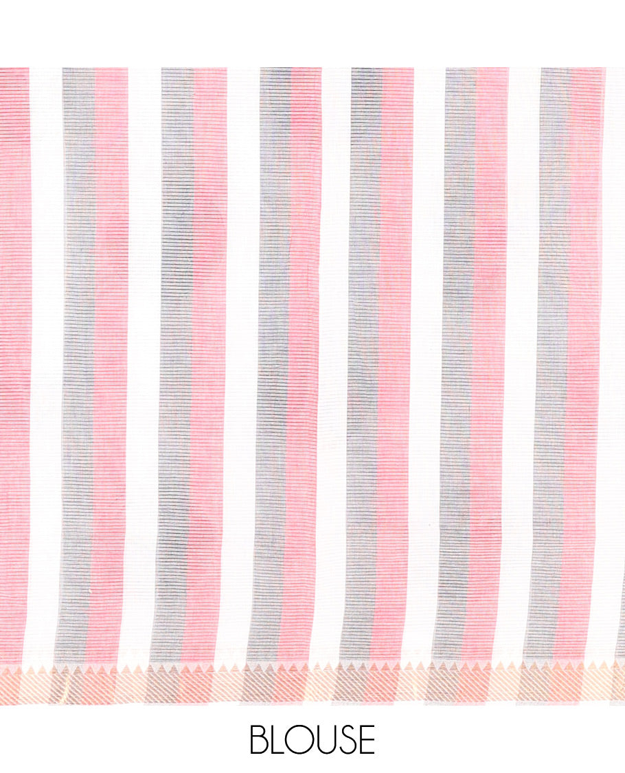White Andhra Cotton Saree, Subtly Enriched with Pichwai Cow Buttas, Highlighted by a Temple Zari Border, Striped Pallu, and a Contrast Blouse