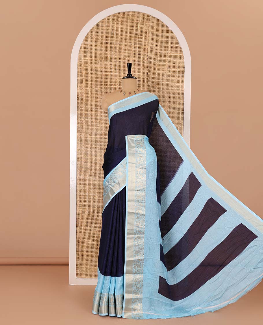 Navy blue embossed moss chiffon saree, contrast embossed with traditional zari border, jaal pallu, and a contrast blouse