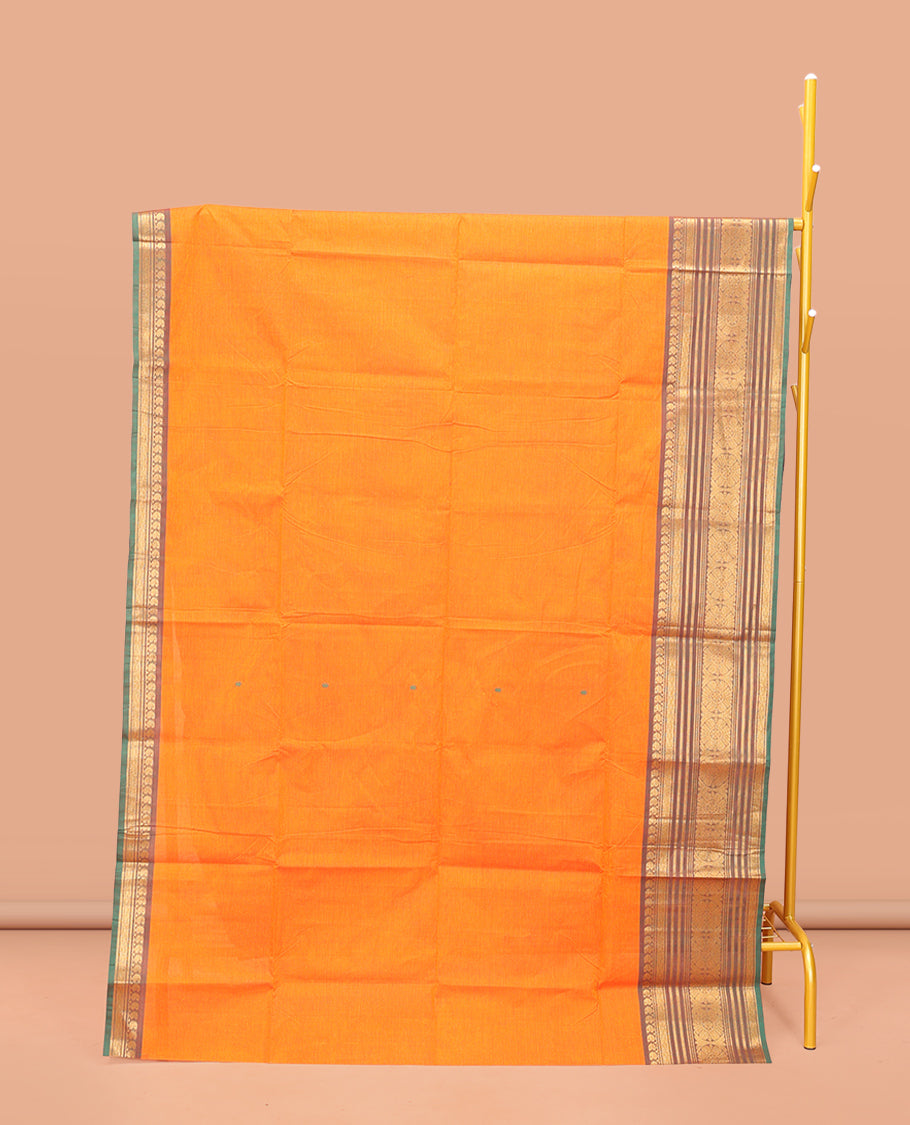 Yellow Chettinad Cotton Saree, Subtly Woven with Thread Buttas All Over Its Body, Complemented by a Contrast Traditional Zari Design Woven Temple Border, Pallu of Stripes, and Paired with a Matching Blouse