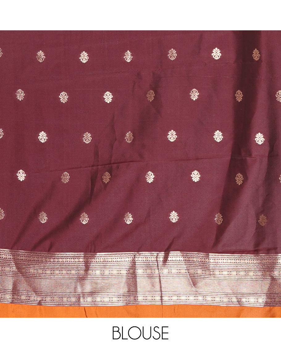 Rust Orange Soft Silk Saree Embellished with Diamond Buttas Woven All Over Its Body, Highlighted with a Contrast Traditional Zari Design Temple Border, Meticulously Woven Pallu of Intricate Designs, and Paired with a Contrast Zari Design Blouse