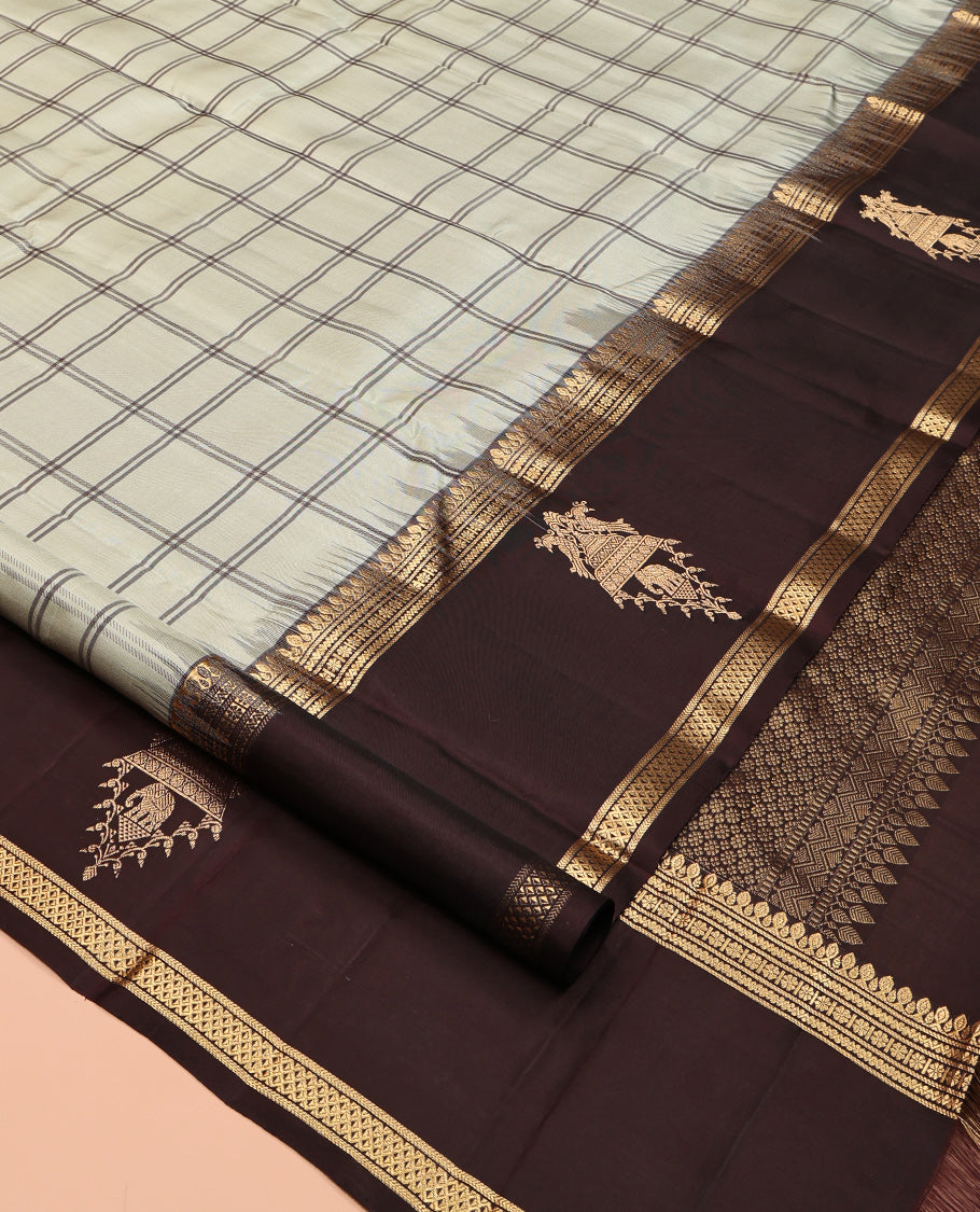 Light Beige Checked Kanchipuram Silk Saree, Complemented by a Contrast Border of Thilakam, Banaras, Neli, Kamalam, and Ara Maadam Designs, Grand Pallu, and a Contrast Blouse