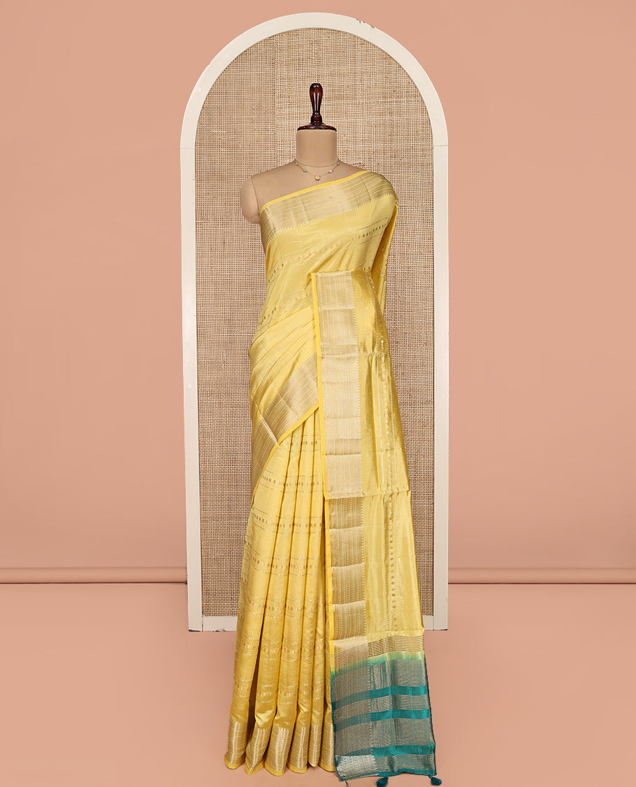 Yellow Dupion Silk Saree, Accentuated with Traditional Zari Designs, Highlighted by Traditional Zari Border, Complemented by a Contrast Zari Striped Pallu, and a Contrast Blouse