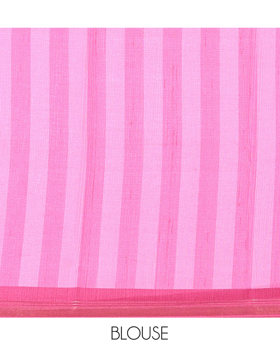 Orange Manipuri Silk Saree, Subtly Woven with Vertical Stripes All Over Its Body, Complemented by Contrast Zari Border, Sparsely Striped Pallu, and Paired with a Contrast Blouse