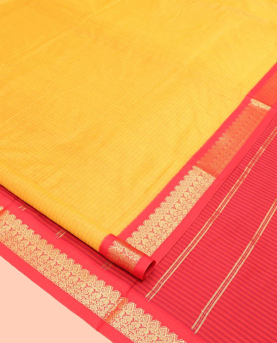 Yellow Striped Nine Yard Cotton Saree, Complemented by Contrast Traditional Zari Border, Pallu of Stripes, and Comes Without a Blouse