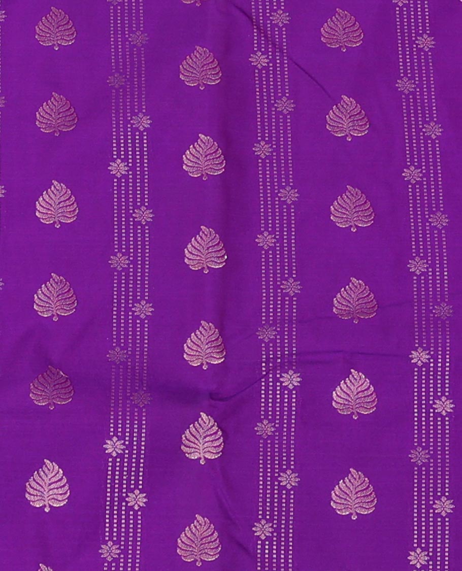 Purple Art Silk Pavadai Material Set, Featuring Leaf Zari Buttas All Over the Skirt, Complemented by a Contrast Jaal Patterned Zari Design Border, and Paired with a Contrast Blouse