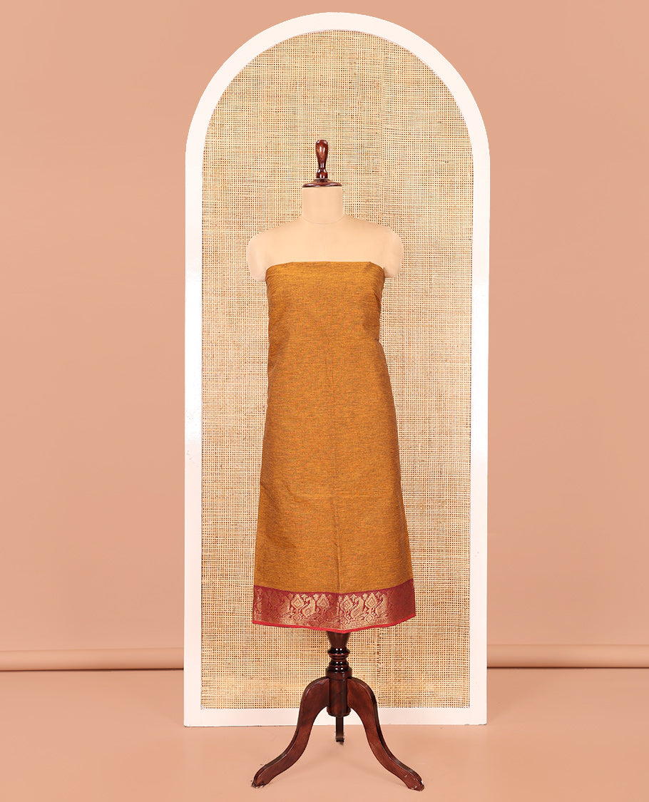 Mustard Handloom Cotton Material Chudidar, Plain and Contrast Traditional Zari-Bordered Top, a Contrast Plain Bottom, and Contrast Dupatta