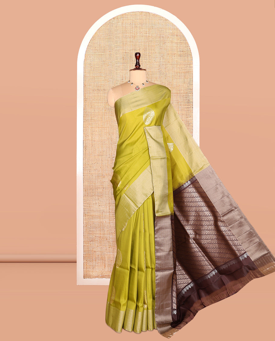 Green Semi Uppada Saree, Enriched with Zari Buttas, a Bavanji Border, Contrast Diagonal Leaf Vine Pallu, and a Contrast Blouse