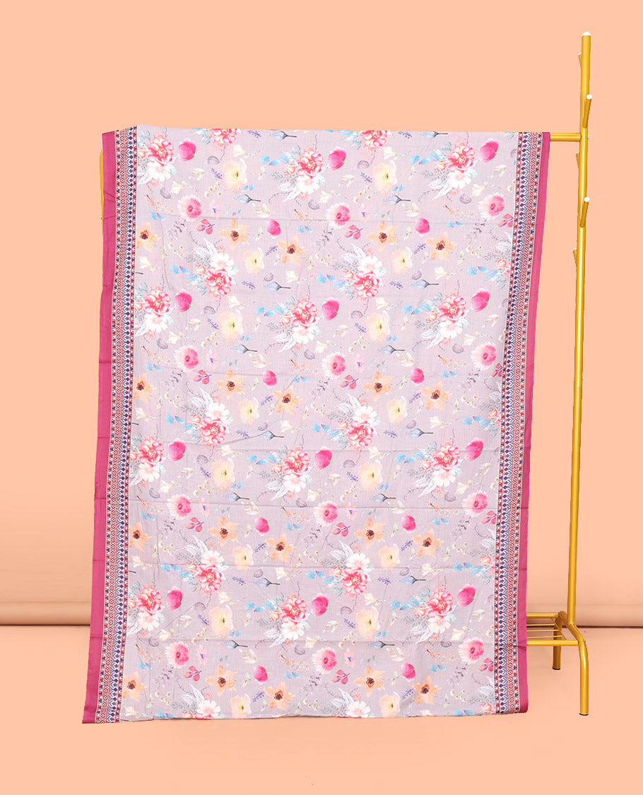 Grey Mul Mul Cotton Saree, Artfully Detailed with Floral Print, Contrast Border, Tropical Floral Printed Pallu, and a Contrast Blouse