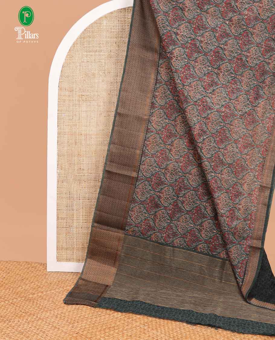 Olive green screen print linen saree with bavanchi border & chit pallu along with brocade blouse