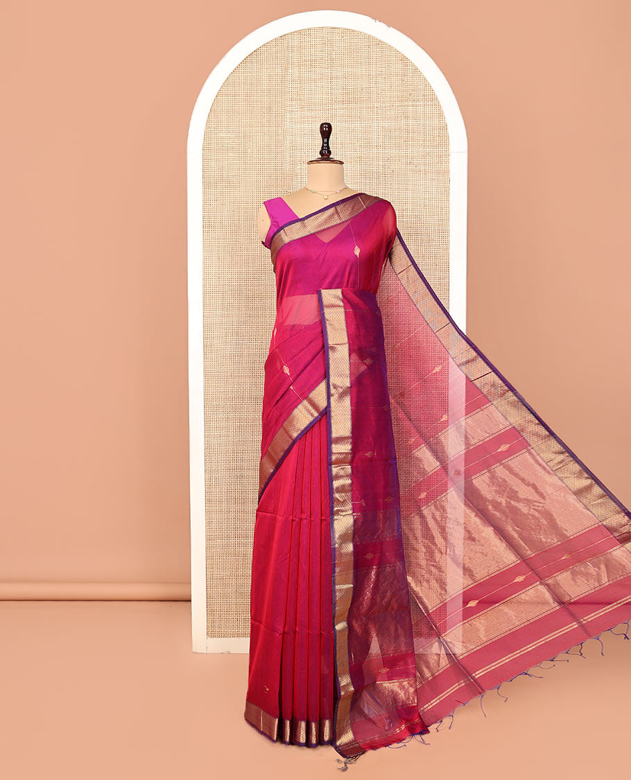 Pink Maheshwari Cotton Saree, Uniquely Detailed with Diamond Stripes on Its Body, Complemented by a Contrast Border of Traditional Designs, Pallu Steeped with Zari Stripes, and Paired with a Matching Blouse