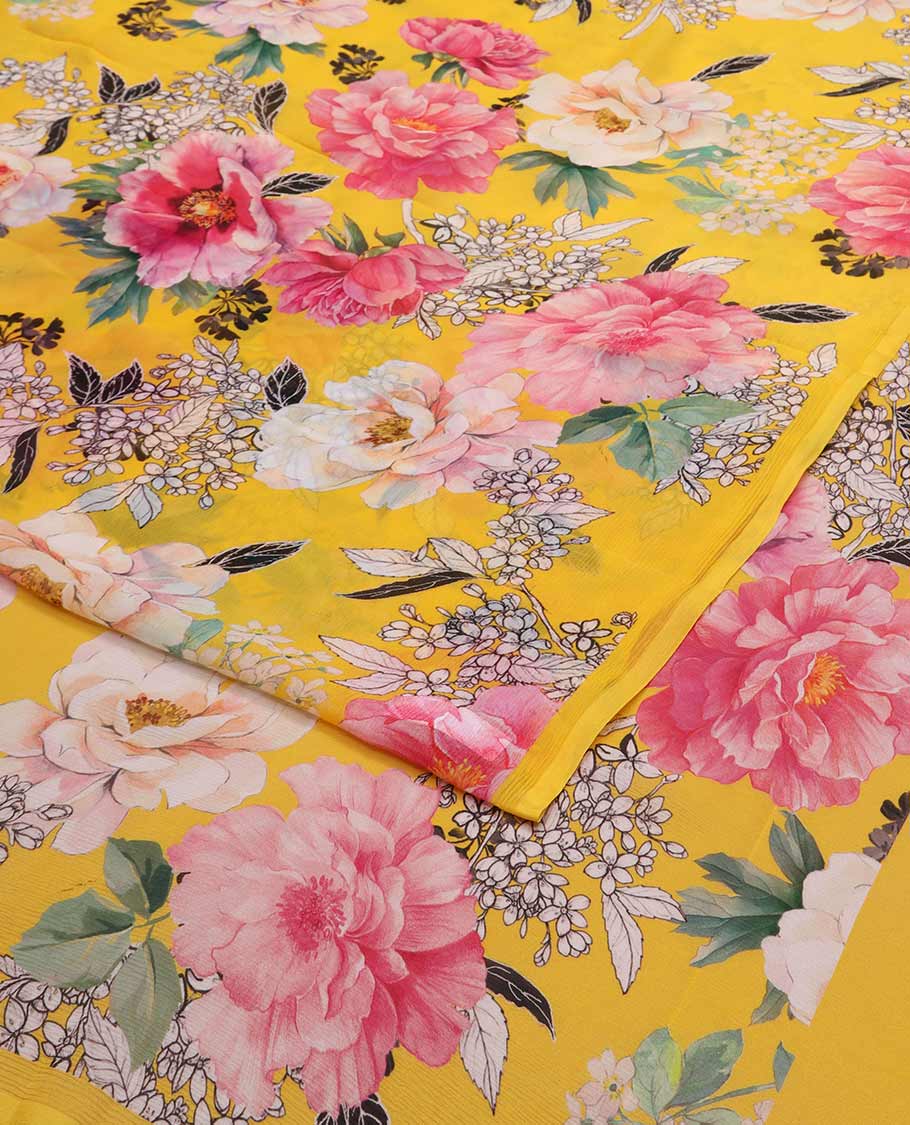 Borderless Yellow chiffon saree floral printed silk saree