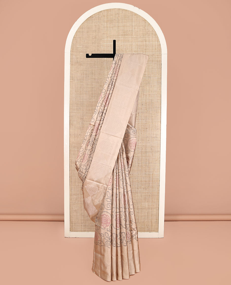 Sandal Mayuri Soft Silk Saree, Adorned with Ikat Weave, Sparsely Woven Zari Border, Sparsely Woven Pallu, and a Matching Blouse