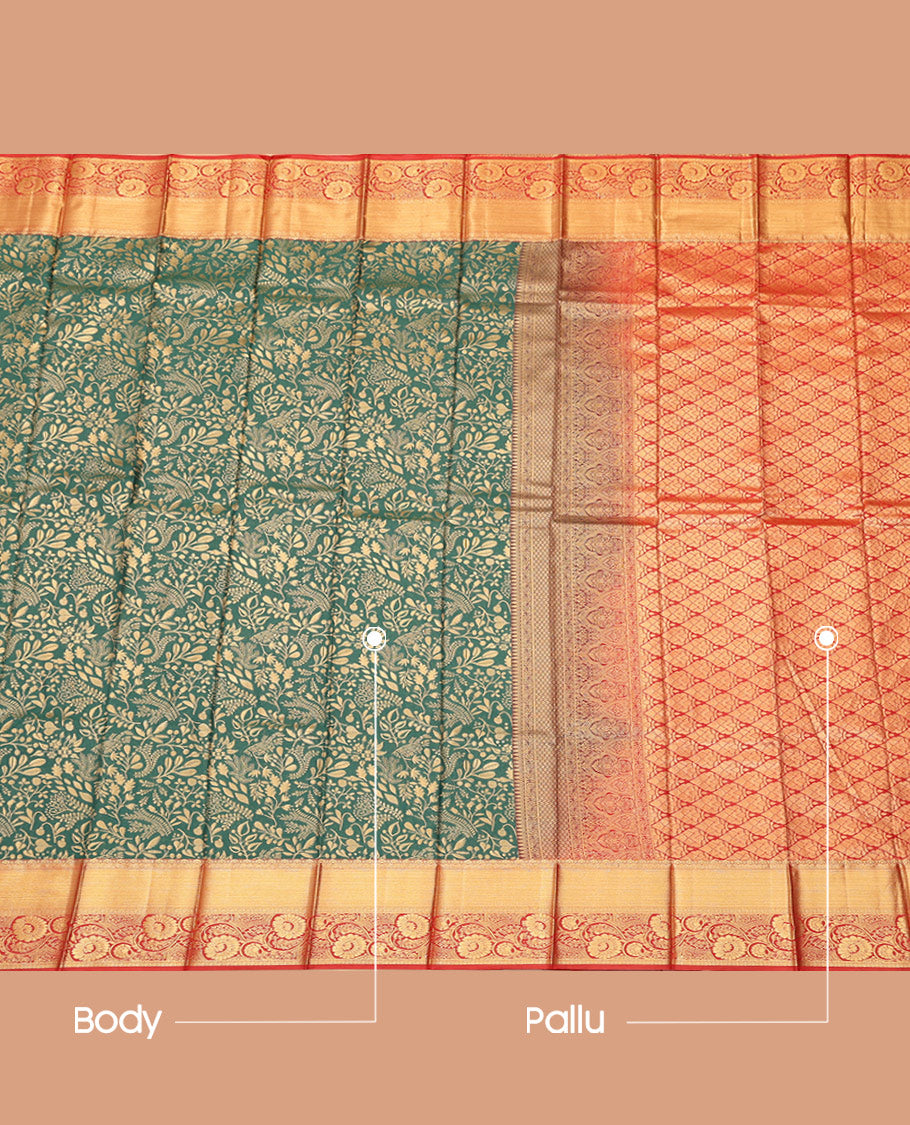 Green Budget Silk Saree, Highlighted by Jacquard Design, Complemented by Contrast Traditional Zari Border, a Grand Jaal Pallu and a Contrast Blouse