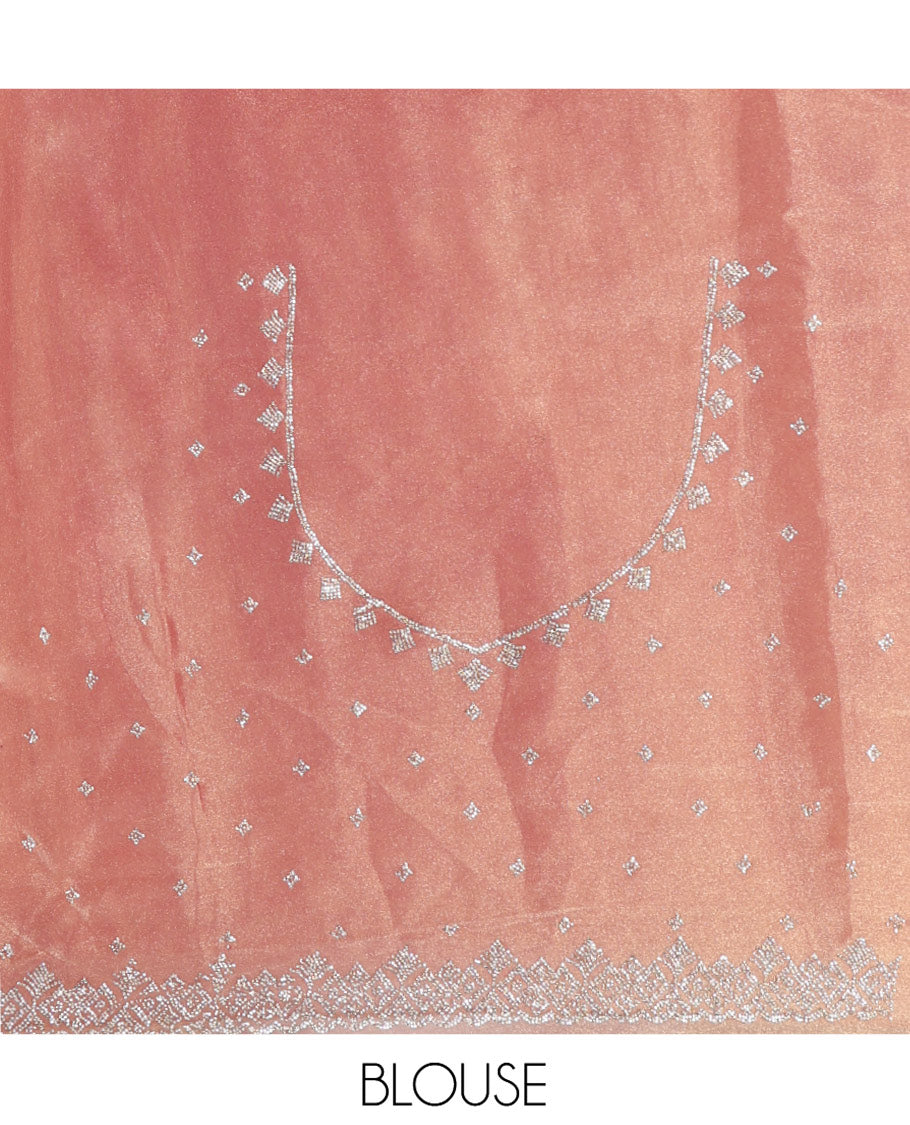 Pink Designer Saree, Dazzled with Stone Embroidered Buttas on Its Body, Highlighted by a Scallop Stone Work Border, Pallu of Stone Embroidered Buttas, and Paired with a Matching Blouse